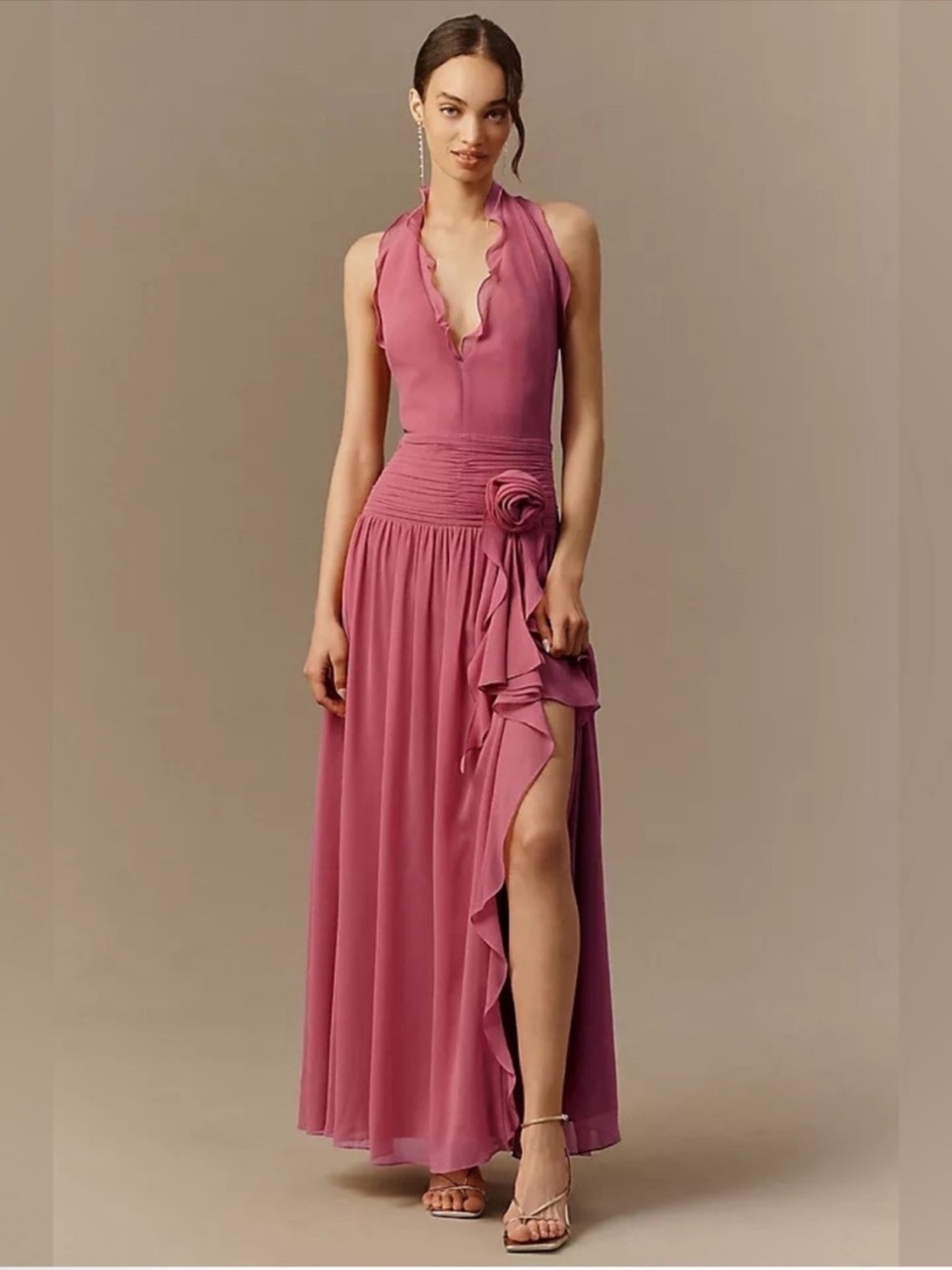 BHLDN Rose-Pink Plunge Halter Chiffon Dress Maxi Ruffle Rose Detail Size 10